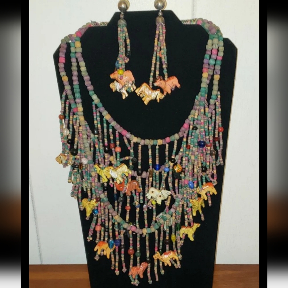 Vintage Multi-Tiered Carved Wood Animal & Bead Necklace & Earrings